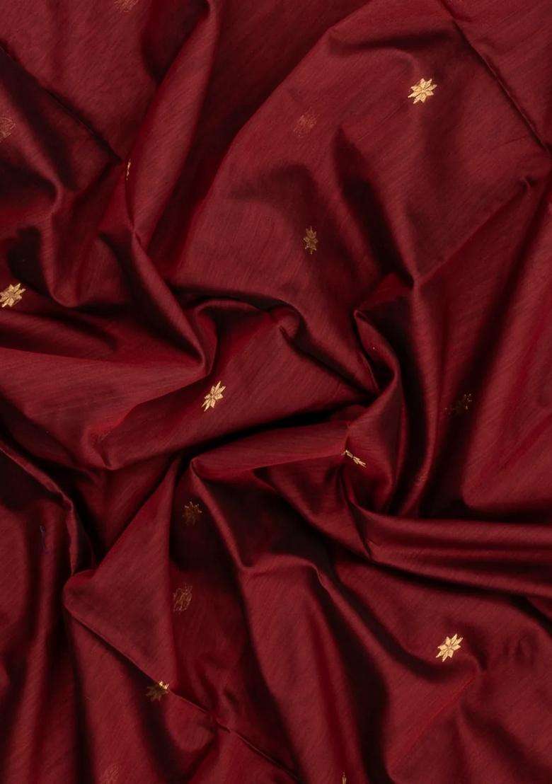 Maroon Handloom Maheswari Silk Cotton Saree With Buttas Zari Border With Buttas And Brocade Design For Women - Indya