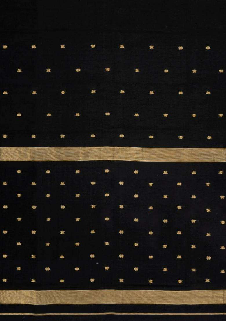 Black Handloom Maheswari Silk Cotton Saree With Buttas Zari Border With Buttas And Brocade Design For Women - Indya