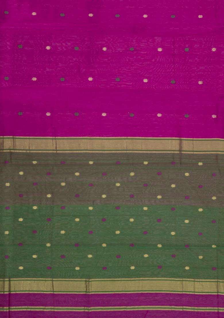 Magenta Handloom Maheswari Silk Cotton Saree With Buttas Zari Border With Buttas And Brocade Design For Women - Indya