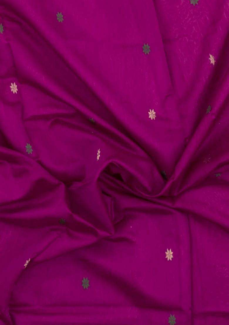 Magenta Handloom Maheswari Silk Cotton Saree With Buttas Zari Border With Buttas And Brocade Design For Women - Indya