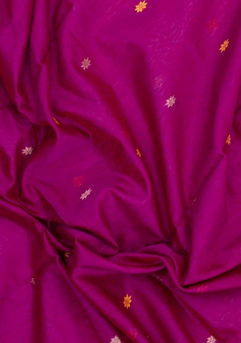 Magenta Handloom Maheswari Silk Cotton Saree With Buttas Zari Border With Buttas And Brocade Design For Women - Indya