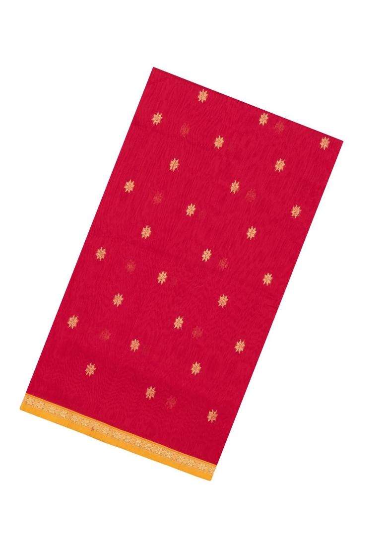 Red Handloom Maheswari Silk Cotton Saree With Buttas Zari Border With Buttas And Brocade Design For Women - Indya