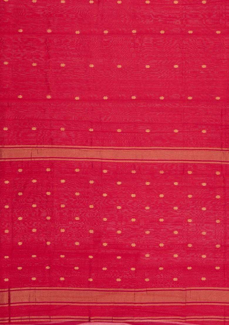 Red Handloom Maheswari Silk Cotton Saree With Buttas Zari Border With Buttas And Brocade Design For Women - Indya