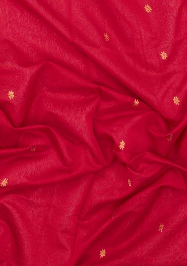 Red Handloom Maheswari Silk Cotton Saree With Buttas Zari Border With Buttas And Brocade Design For Women - Indya