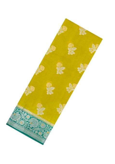 Light Green Woven Banarasi Chiniya Silk Saree With Buttas Contrast Border With Buttas And Brocade Design For Women