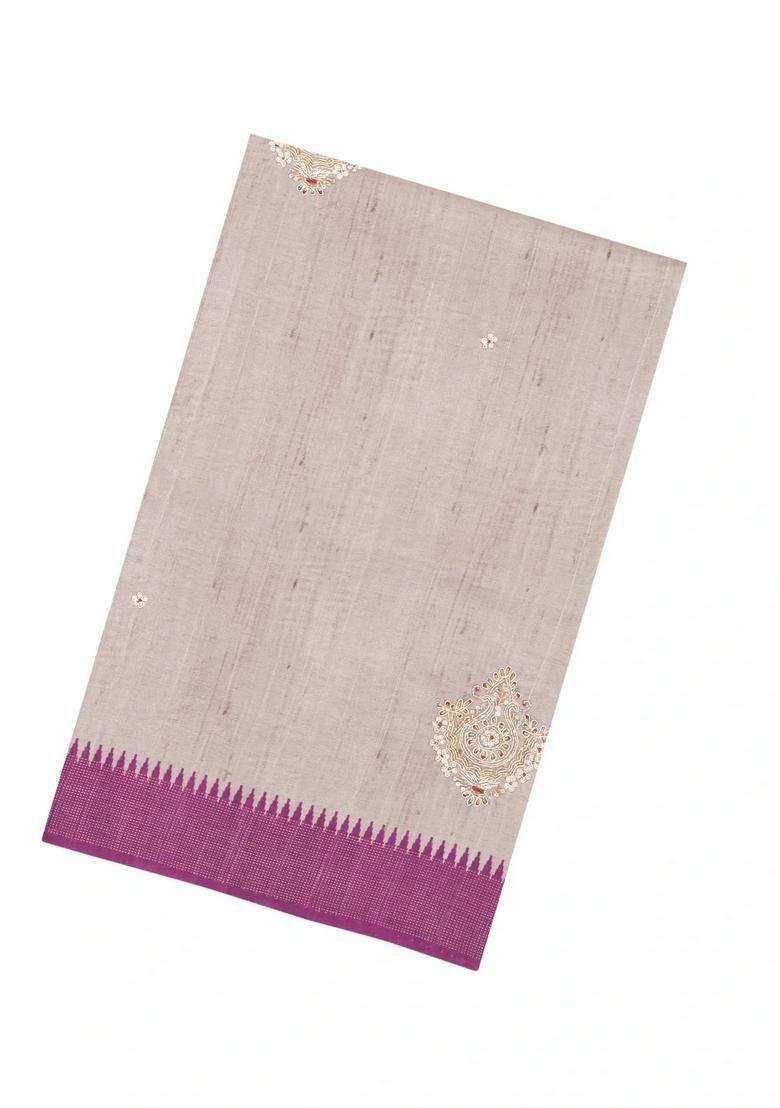 Taupe Woven Art Dupion Silk Saree With Embroidered Motifs For Women - Indya