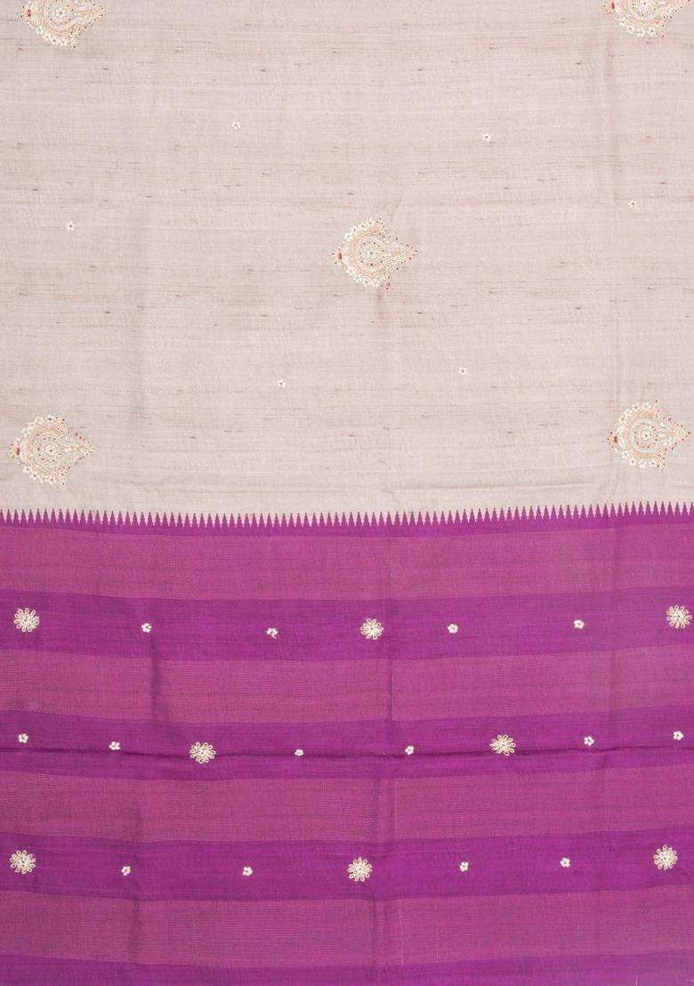 Taupe Woven Art Dupion Silk Saree With Embroidered Motifs For Women - Indya