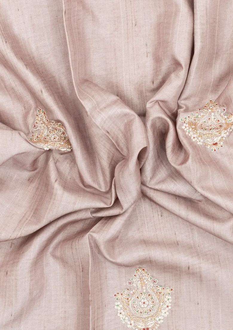 Taupe Woven Art Dupion Silk Saree With Embroidered Motifs For Women - Indya