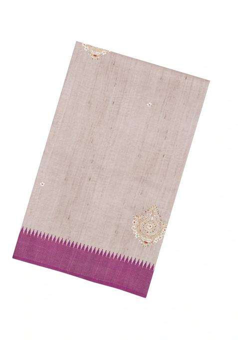 Taupe Woven Art Dupion Silk Saree With Embroidered Motifs For Women