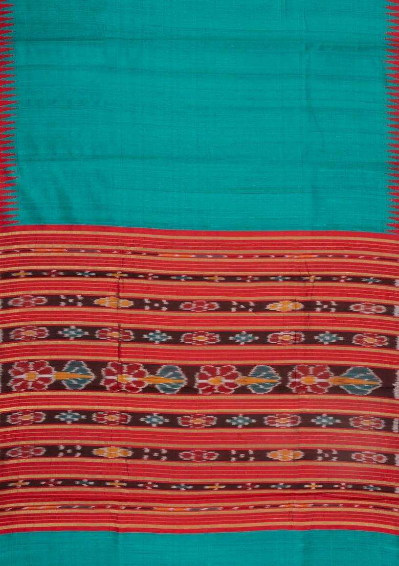 Teal Woven Dupion Silk Saree With Printed Border For Women - Indya