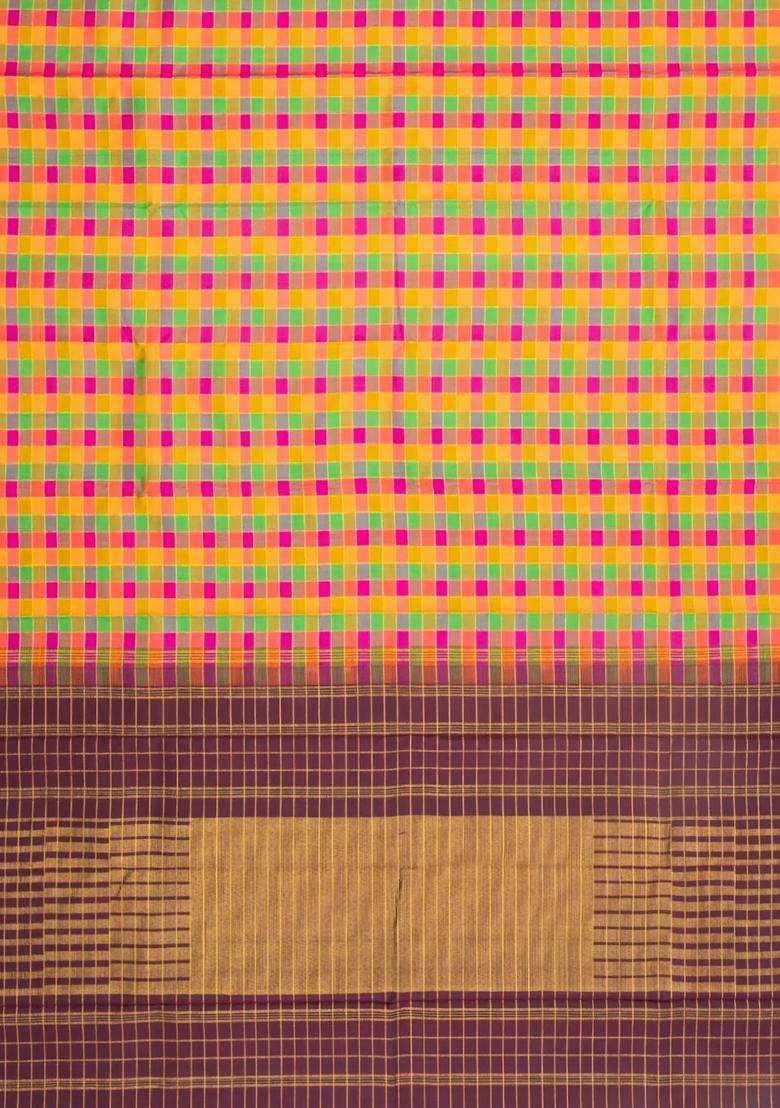 Multi Colour Handloom Kanchipuram Silk Saree With Checks Contrast Pallu With Checks And Stripes Design For Women - Indya