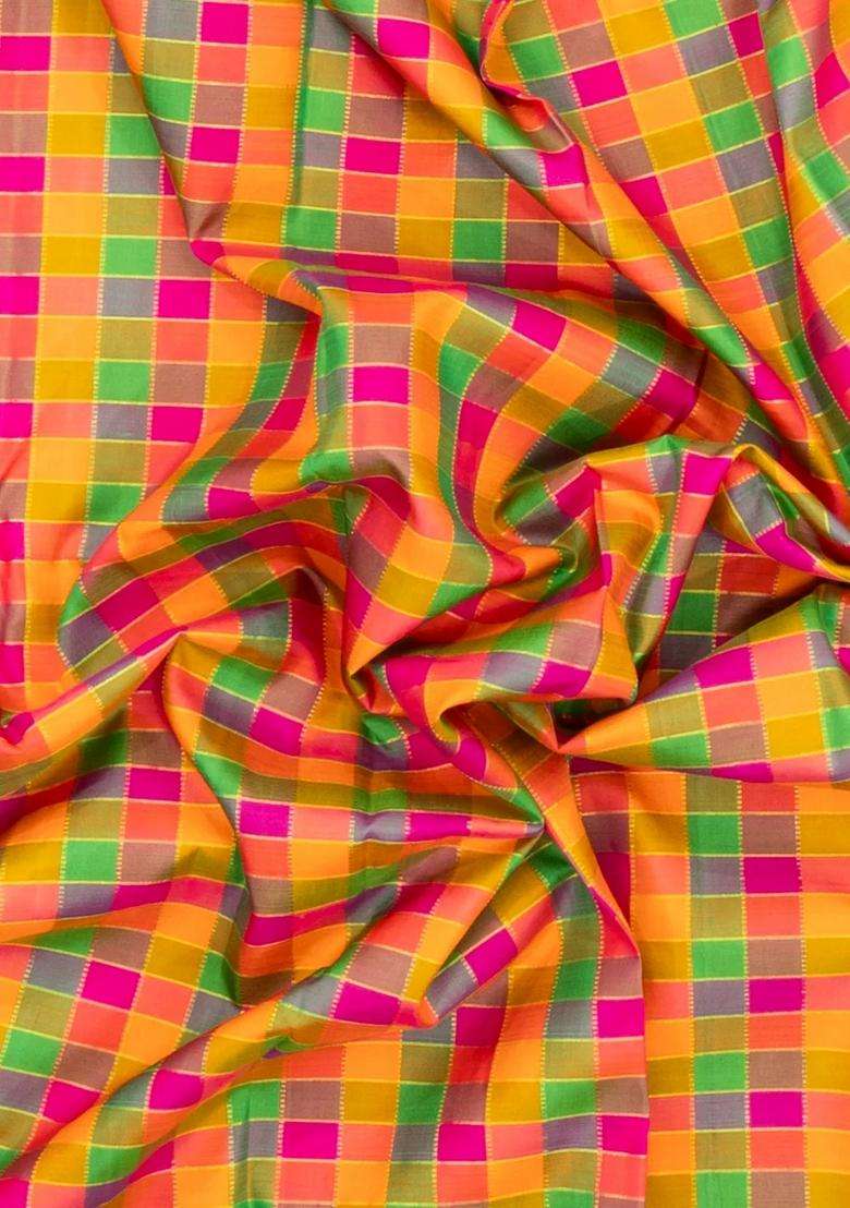 Multi Colour Handloom Kanchipuram Silk Saree With Checks Contrast Pallu With Checks And Stripes Design For Women - Indya