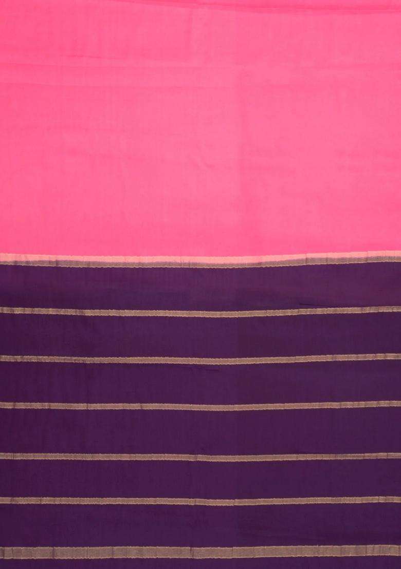 Hot Peach Woven Mysore Silk Saree With Contrast Zari Border With Traditional Woven Design For Women - Indya