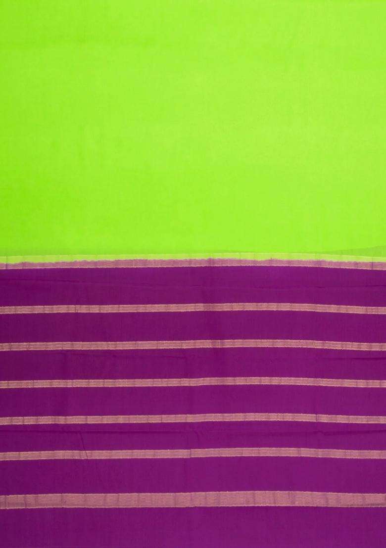 Neon Green Woven Mysore Silk Saree With Contrast Zari Border With Traditional Woven Design For Women - Indya