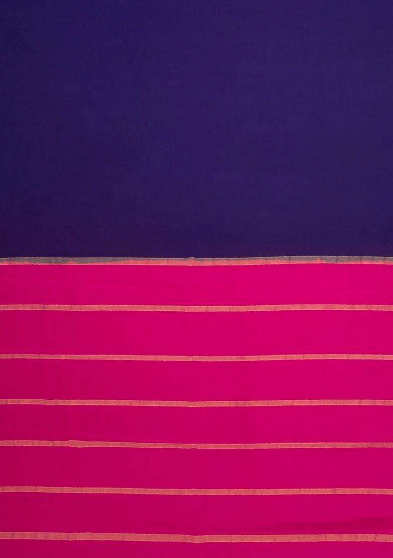 Navy Blue Woven Mysore Silk Saree With Contrast Zari Border With Traditional Woven Design For Women - Indya