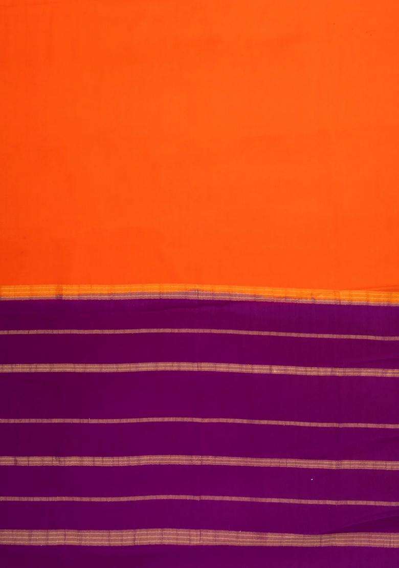 Orange Woven Mysore Silk Saree With Contrast Zari Border With Traditional Woven Design For Women - Indya