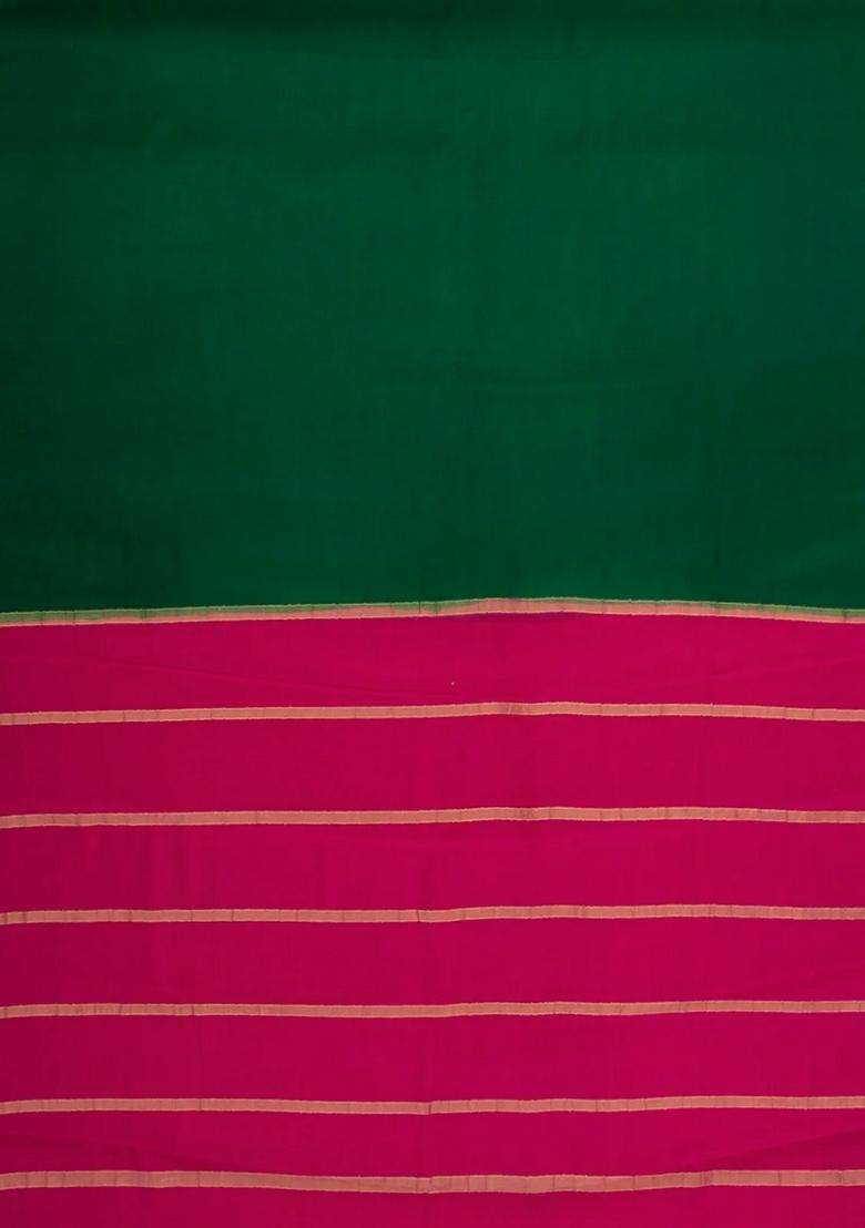 Dark Green Woven Mysore Silk Saree With Contrast Zari Border With Traditional Woven Design For Women - Indya