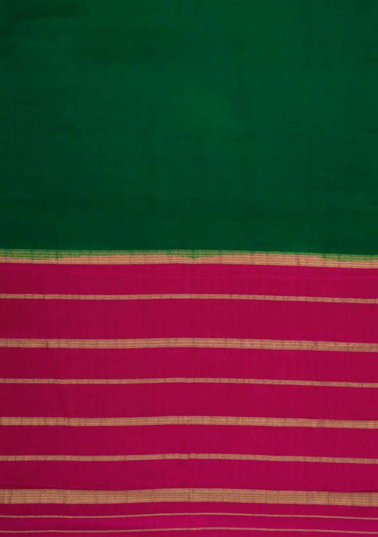 Dark Green Woven Mysore Silk Saree With Contrast Zari Border With Traditional Woven Design For Women - Indya