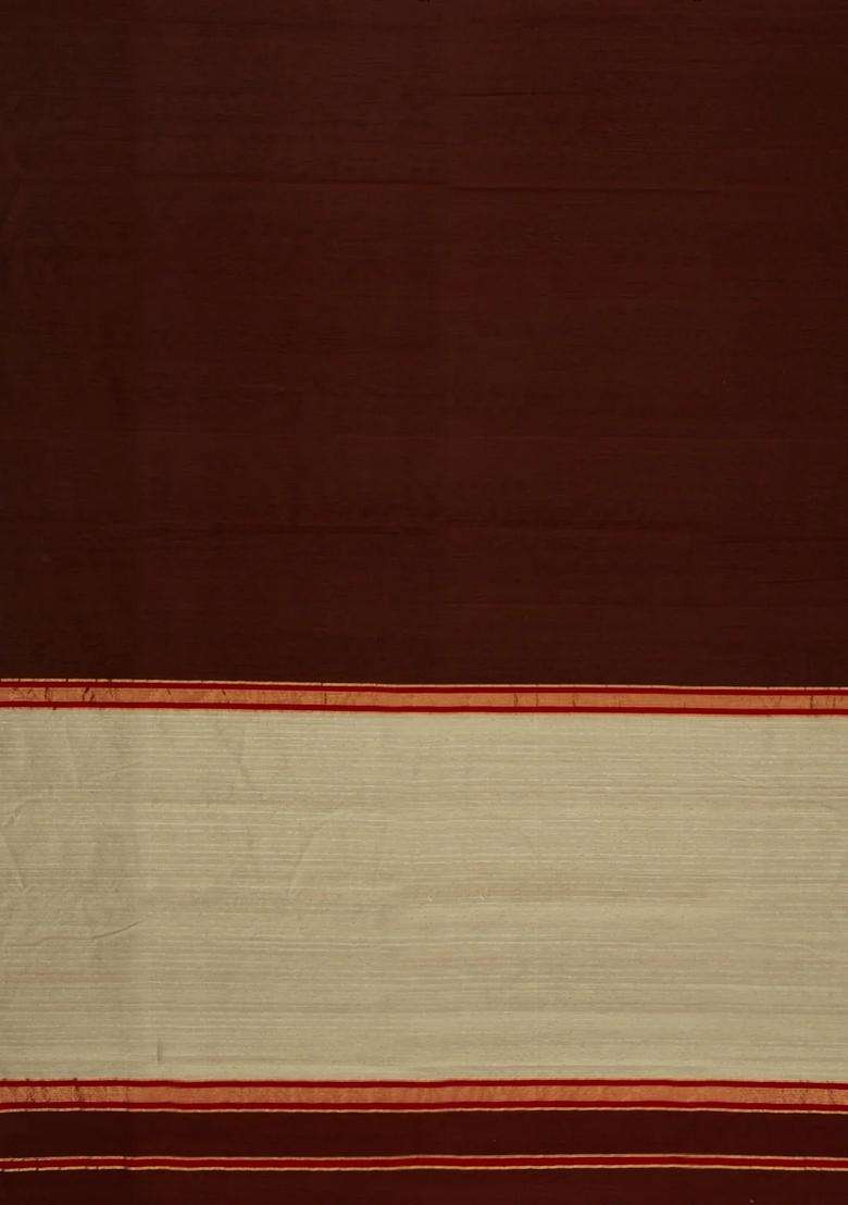 Dark Brown Handloom Maheswari Silk Cotton Saree With Zari Border With Traditional Woven Design For Women - Indya