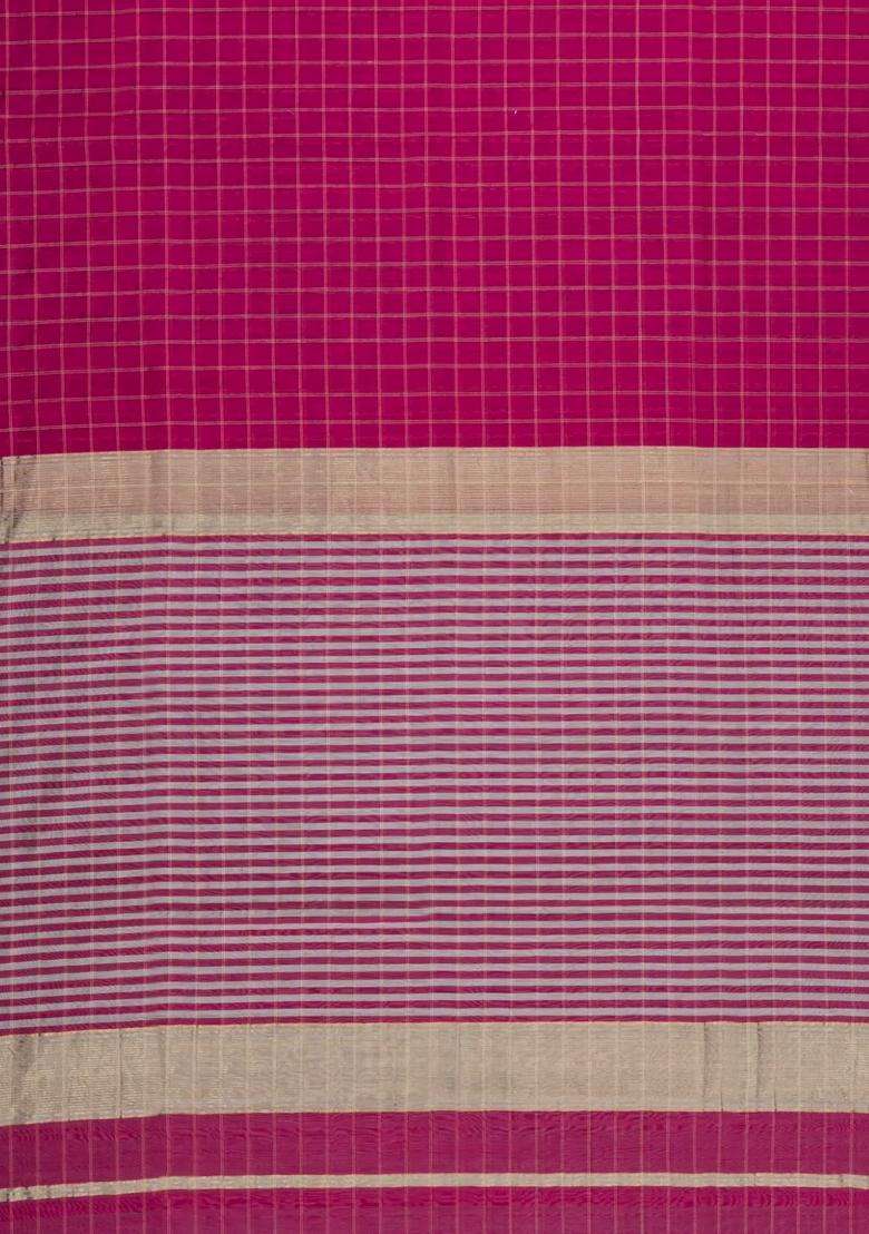 Magenta Handloom Maheswari Silk Cotton Saree With Checks Contrast With Checks And Stripes Design For Women - Indya