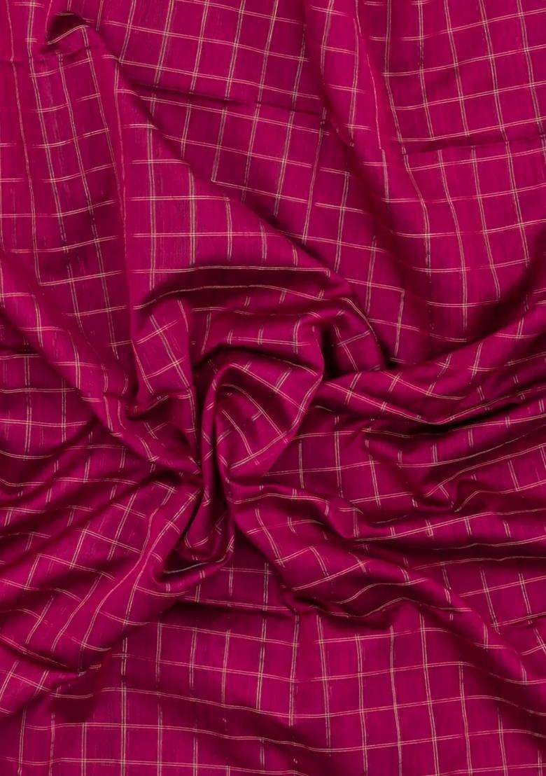 Magenta Handloom Maheswari Silk Cotton Saree With Checks Contrast With Checks And Stripes Design For Women - Indya