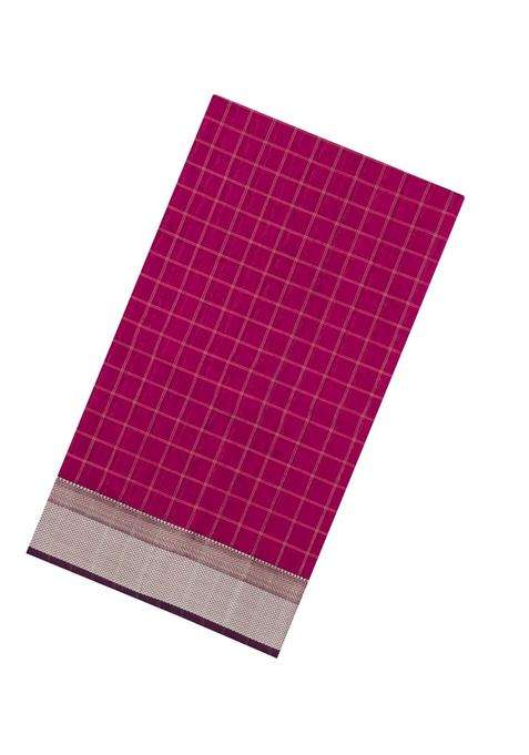 Magenta Handloom Maheswari Silk Cotton Saree With Checks Contrast With Checks And Stripes Design For Women