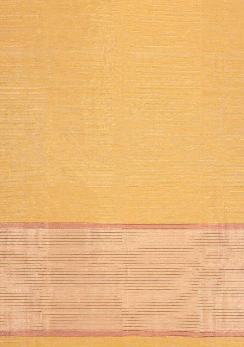 Sandal Handloom Maheswari Silk Cotton Saree With Zari Stripes With Checks And Stripes Design For Women - Indya