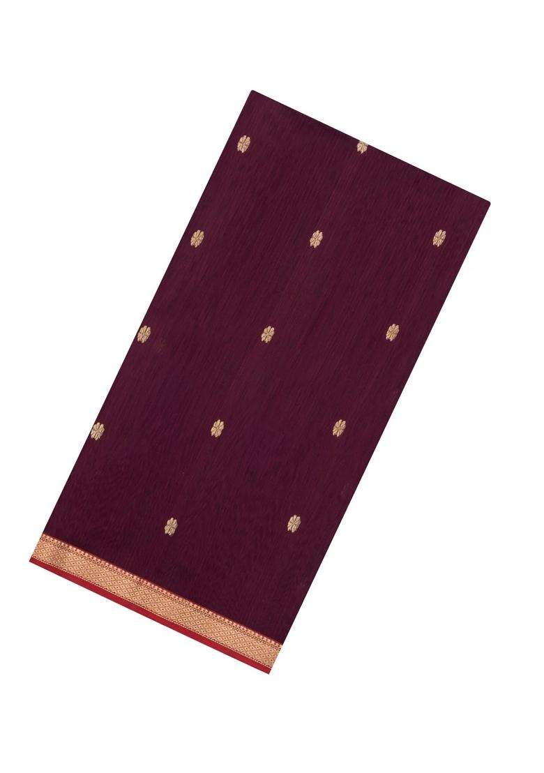 Dark Maroon Handloom Maheswari Silk Cotton Saree With Floral Buttas With Buttas And Brocade Design For Women - Indya