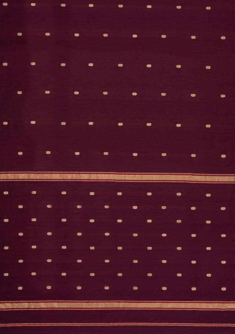 Dark Maroon Handloom Maheswari Silk Cotton Saree With Floral Buttas With Buttas And Brocade Design For Women - Indya
