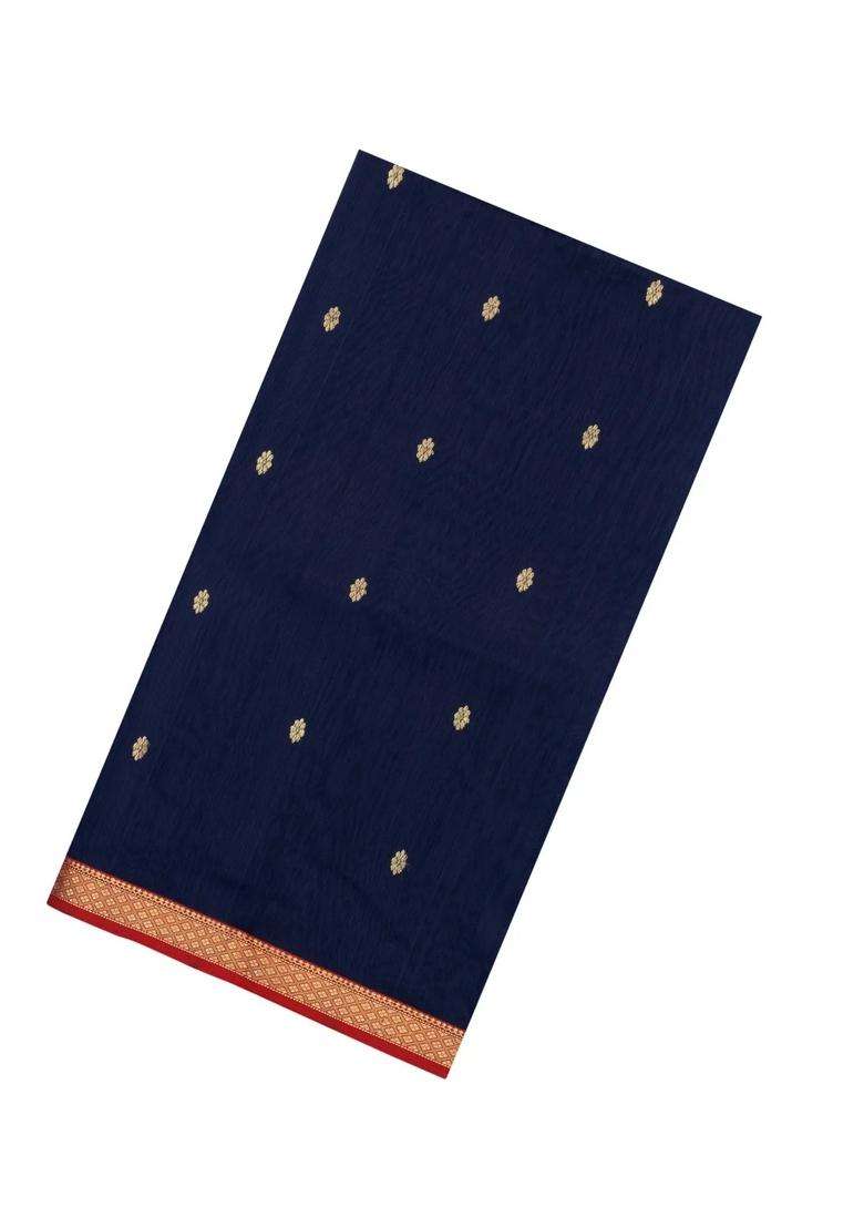 Midnight Blue Handloom Maheswari Silk Cotton Saree With Floral Buttas With Buttas And Brocade Design For Women - Indya