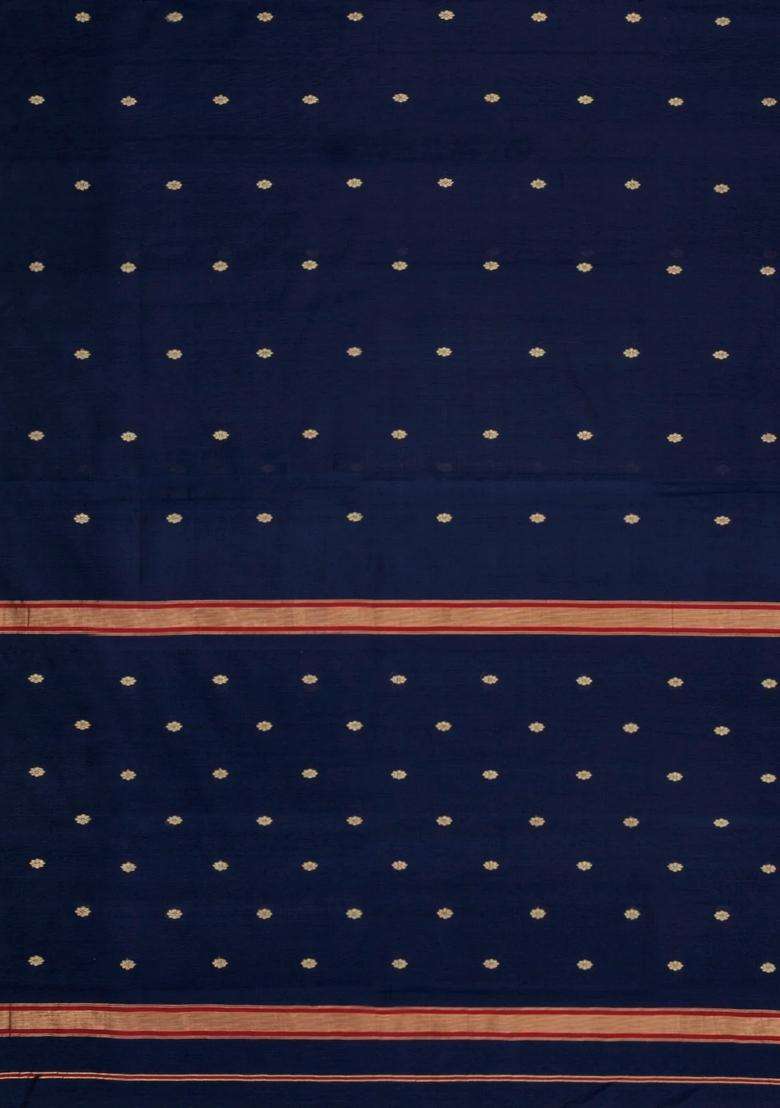 Midnight Blue Handloom Maheswari Silk Cotton Saree With Floral Buttas With Buttas And Brocade Design For Women - Indya