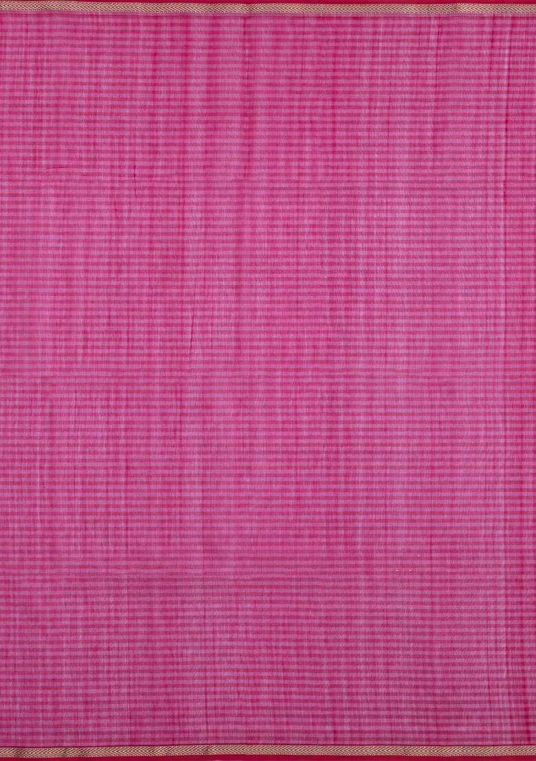 Pink Handloom Maheswari Silk Cotton Saree With Checks With Checks And Stripes Design For Women - Indya