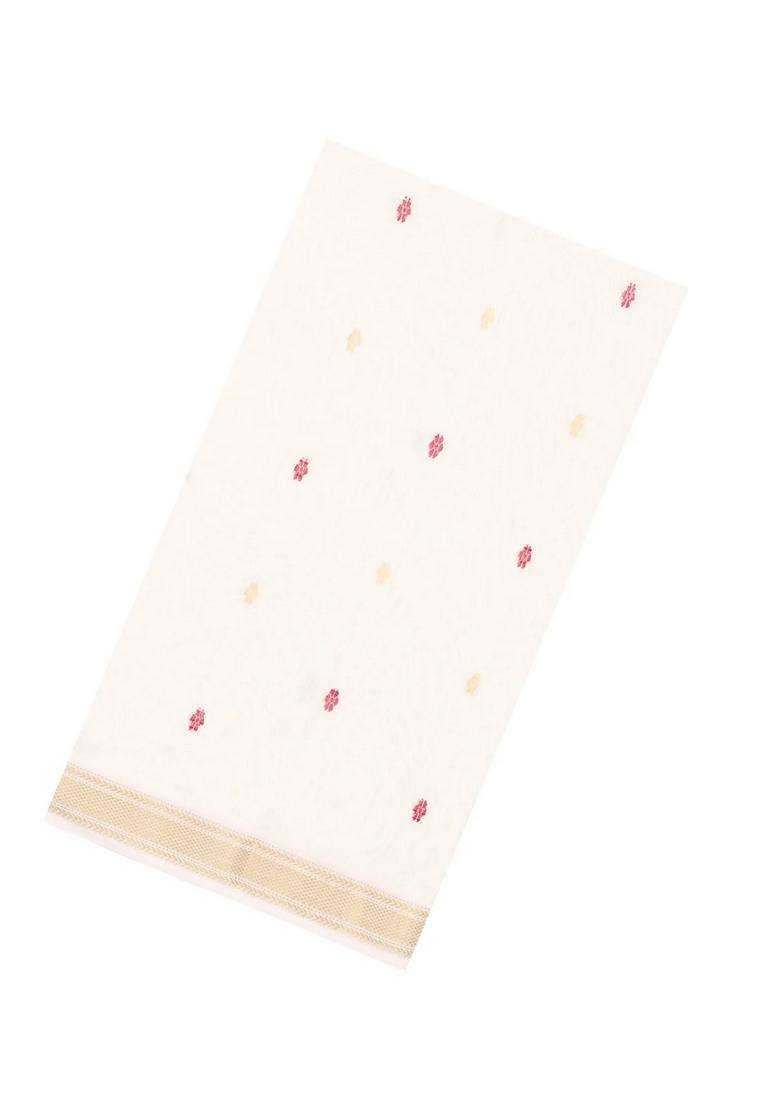 White Handloom Maheswari Silk Cotton Saree With Floral Buttas With Buttas And Brocade Design For Women - Indya