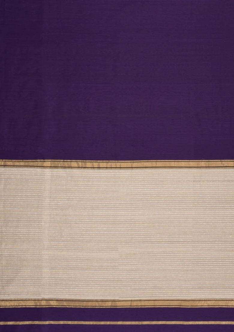 Dark Purple Handloom Maheswari Silk Cotton Saree With Zari Border With Traditional Woven Design For Women - Indya