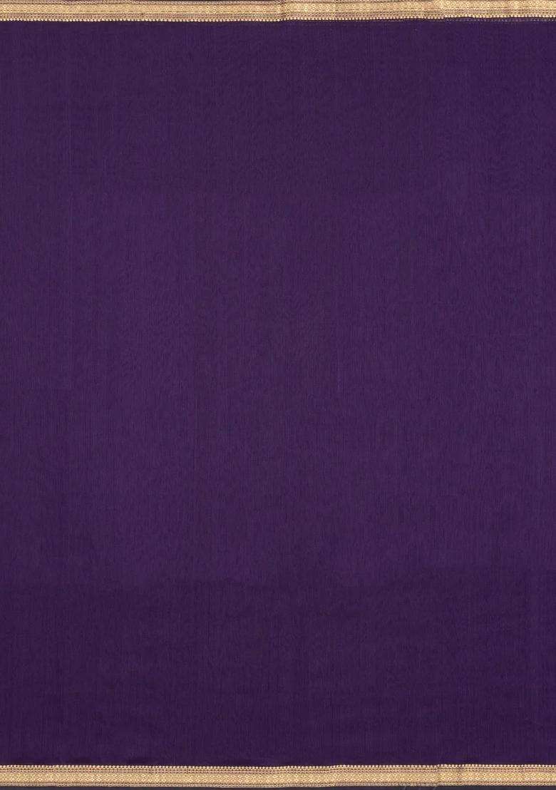 Dark Purple Handloom Maheswari Silk Cotton Saree With Zari Border With Traditional Woven Design For Women - Indya