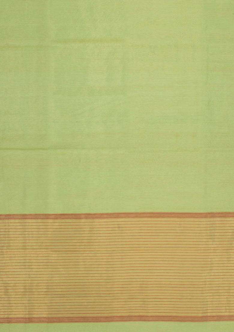 Cardamom Green Handloom Maheswari Silk Cotton Saree With Zari Stripes With Checks And Stripes Design For Women - Indya