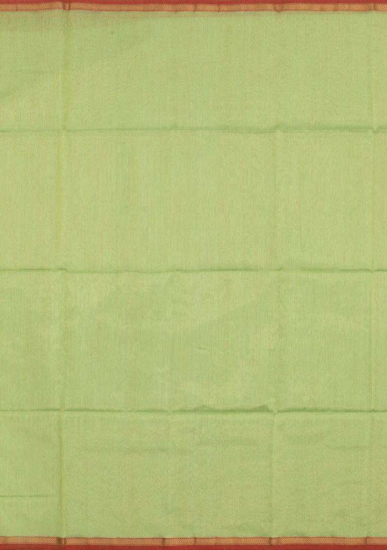 Cardamom Green Handloom Maheswari Silk Cotton Saree With Zari Stripes With Checks And Stripes Design For Women - Indya