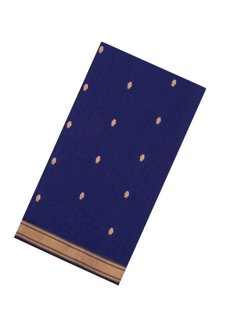 Navy Blue Handloom Maheswari Silk Cotton Saree With Floral Buttas With Buttas And Brocade Design For Women - Indya