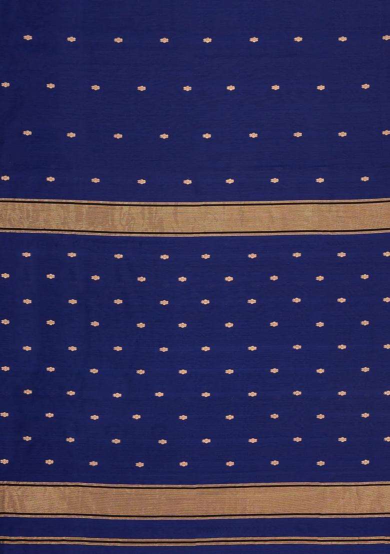 Navy Blue Handloom Maheswari Silk Cotton Saree With Floral Buttas With Buttas And Brocade Design For Women - Indya