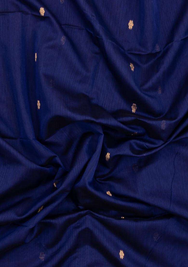 Navy Blue Handloom Maheswari Silk Cotton Saree With Floral Buttas With Buttas And Brocade Design For Women - Indya