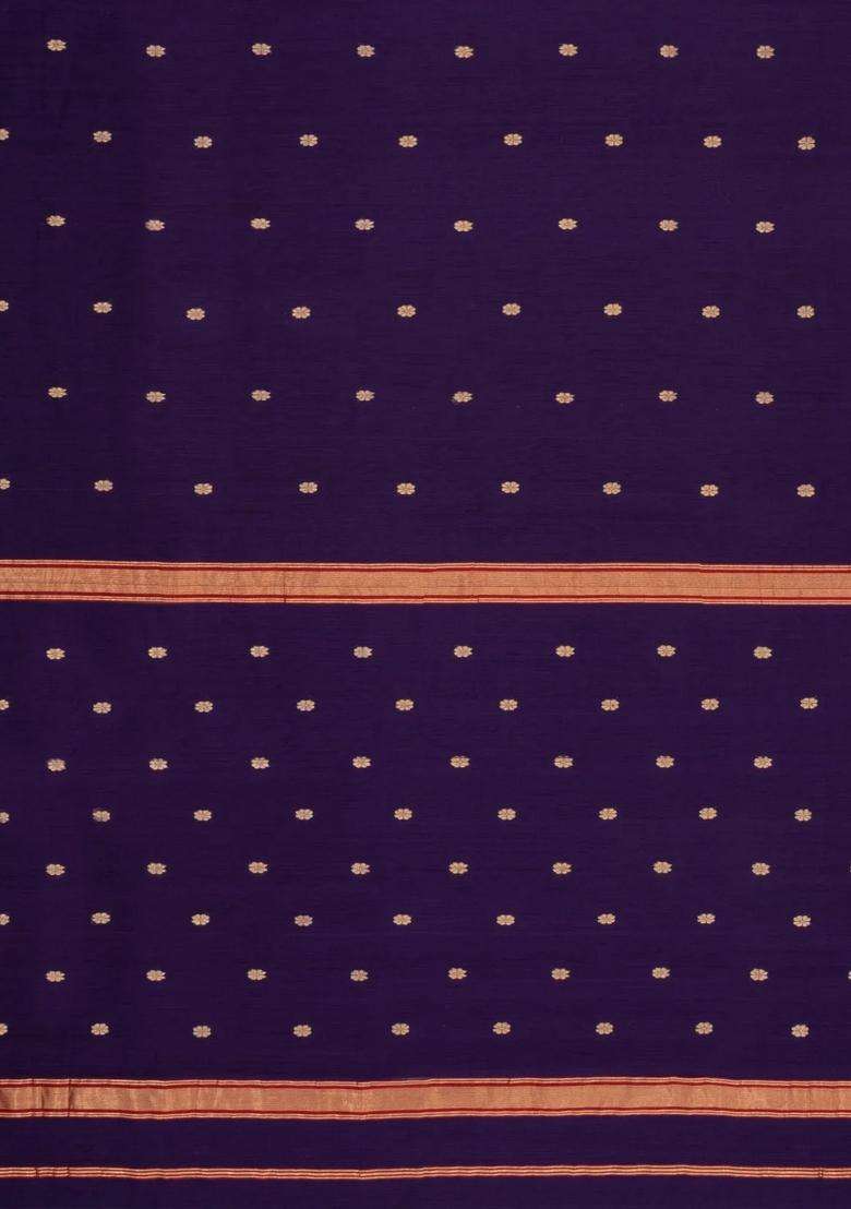 Dark Purple Handloom Maheswari Silk Cotton Saree With Floral Buttas With Buttas And Brocade Design For Women - Indya