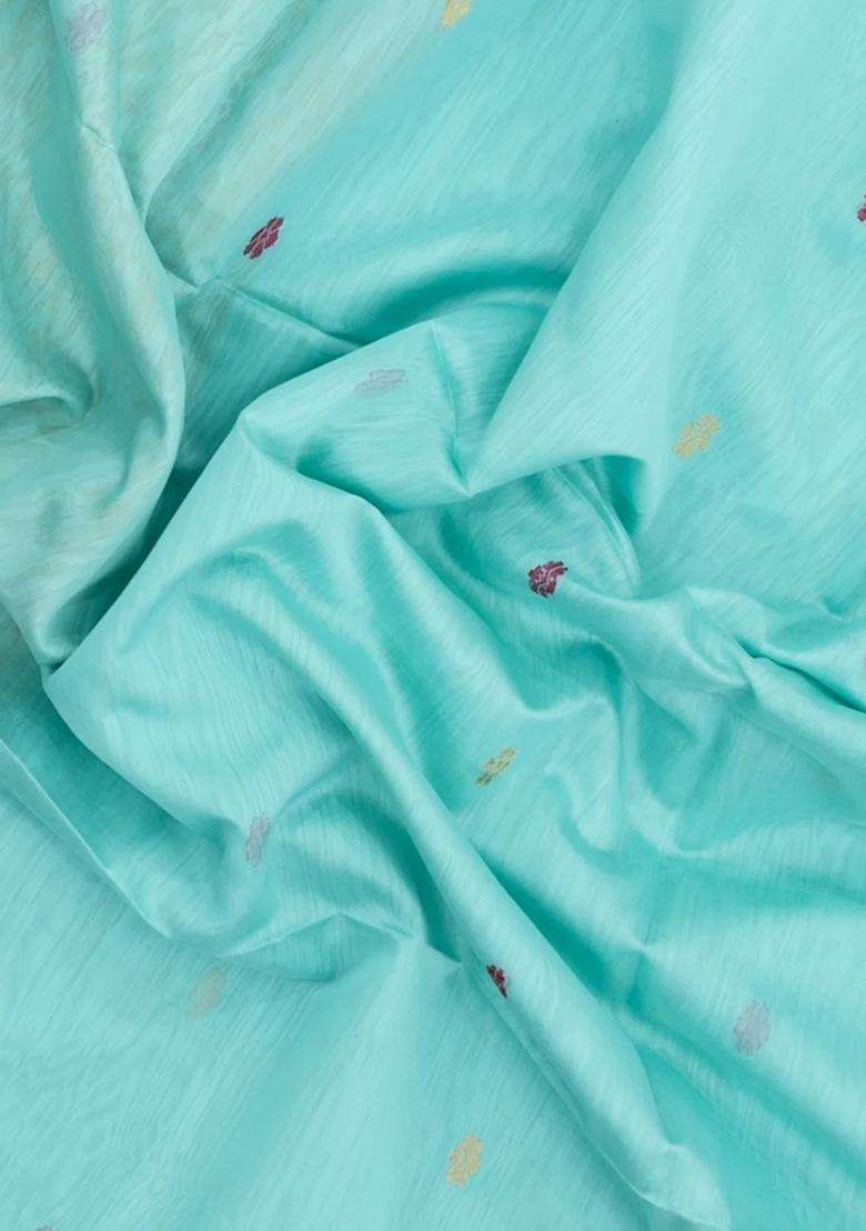 Turquoise Handloom Maheswari Silk Cotton Saree With Floral Buttas With Buttas And Brocade Design For Women - Indya