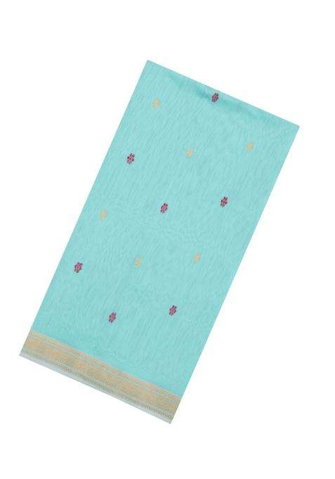 Turquoise Handloom Maheswari Silk Cotton Saree With Floral Buttas With Buttas And Brocade Design For Women
