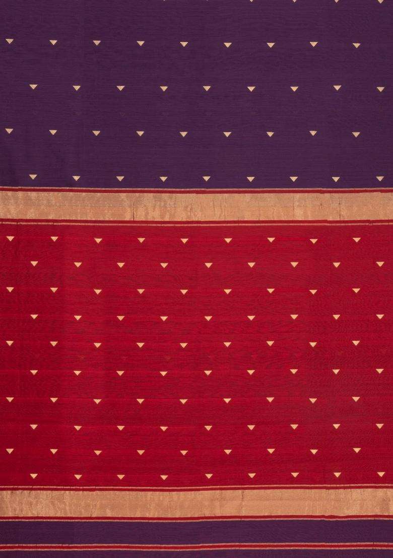 Dark Burgundy Handloom Maheswari Silk Cotton Saree With Triangle Buttas With Buttas And Brocade Design For Women - Indya