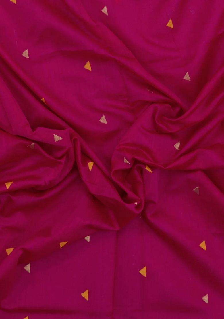 Hot Pink Handloom Maheswari Silk Cotton Saree With Triangle Buttas With Buttas And Brocade Design For Women - Indya