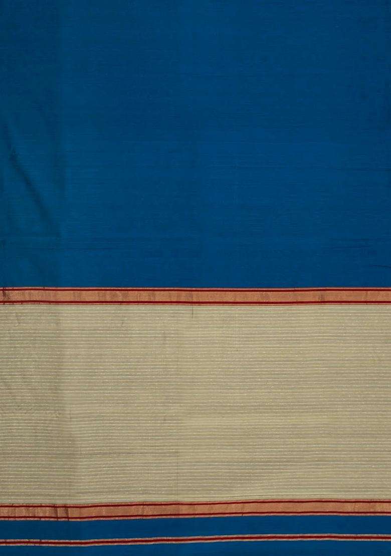 Dark Blue Handloom Maheswari Silk Cotton Saree With Zari Border With Traditional Woven Design For Women - Indya