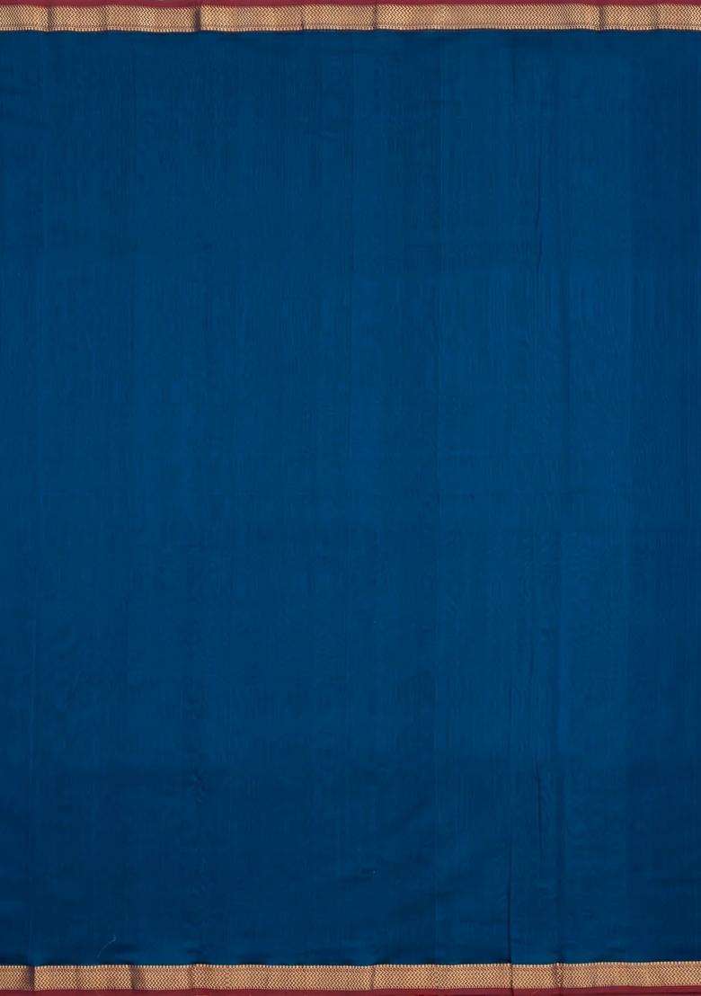 Dark Blue Handloom Maheswari Silk Cotton Saree With Zari Border With Traditional Woven Design For Women - Indya