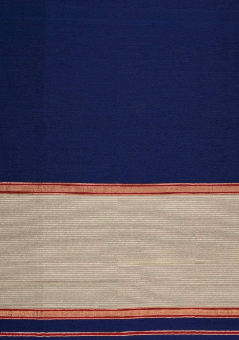 Midnight Blue Handloom Maheswari Silk Cotton Saree With Zari Border With Traditional Woven Design For Women - Indya