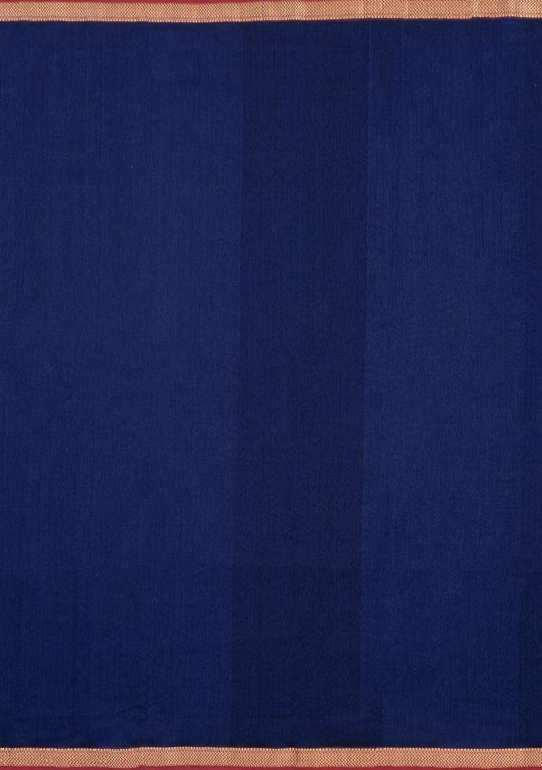 Midnight Blue Handloom Maheswari Silk Cotton Saree With Zari Border With Traditional Woven Design For Women - Indya