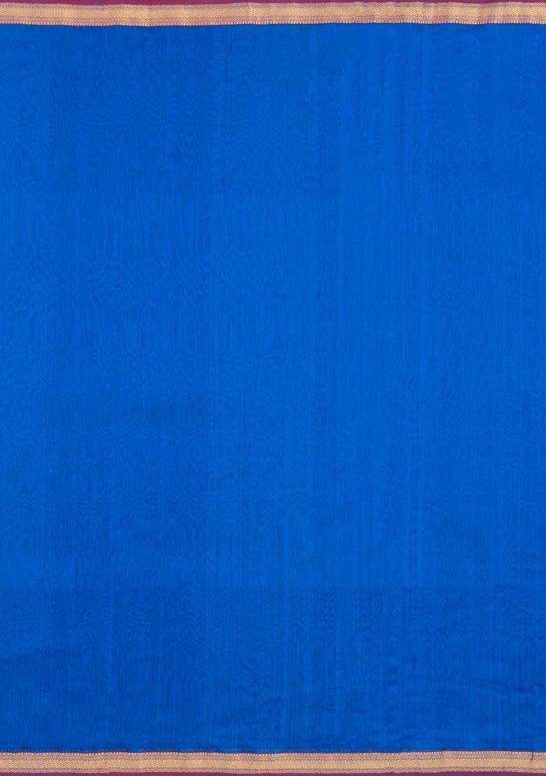 Blue Handloom Maheswari Silk Cotton Saree With Zari Border With Traditional Woven Design For Women - Indya